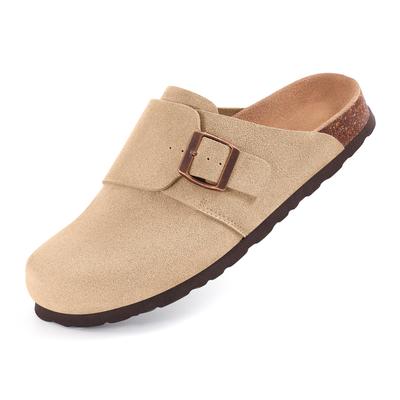 Mode Lächeln Neue Clogs für Damen Wildleder Weiches Leder Clogs Klassisch mit Metallschnalle Kork Clog Rutschfeste Kartoffel Hausschuhe Wasserdichte Pantoletten