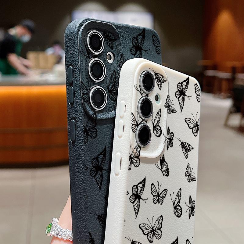 Stoßfeste, matte und schlanke Handyhülle mit Schmetterlingsdruck für Samsung S25 Ultra S24 FE S23 S22 A36 A56 A16 A55 A26 A15 A35, Ledertextur, TPU, weiche Rückseite