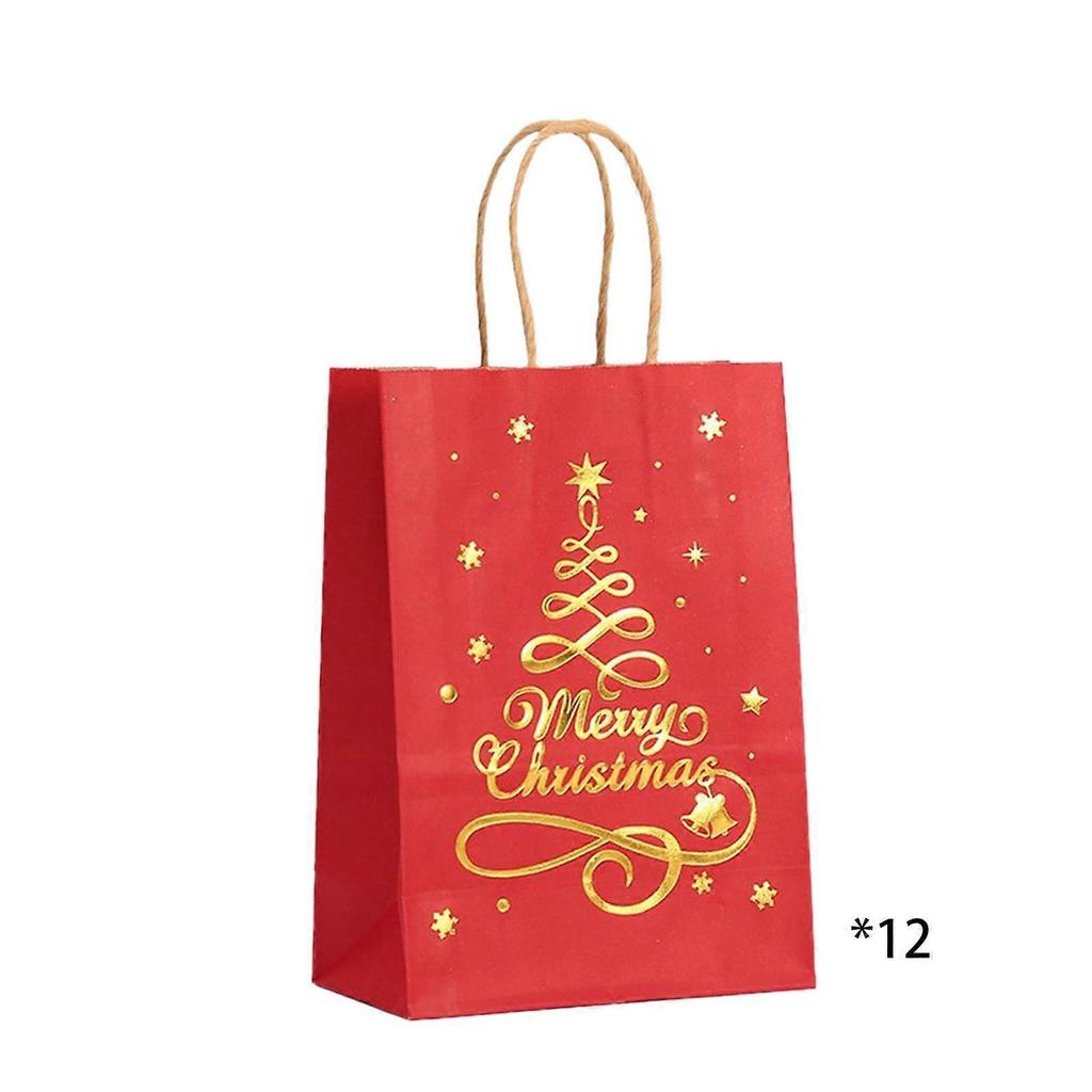 Christmas Gifts, Kraft Paper Gift Bags, 12-pack Portable Shopping Bags, Tote Bags, Gold Foil Christmas Paper Bags, Party Gift Wrapping