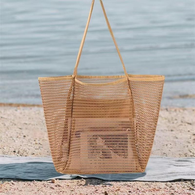 1pcs Mesh Beach Bag  Women's Shoulder Tote Bag  Large Capacity Foldable Mesh Swim Bag with Pocket Bag