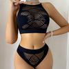 Summer Thin Sexy Hollowed-out Erotic Underwear Set, Black Grid Perspective Micro-poly Without Steel Ring Bra, Women's Wholesale