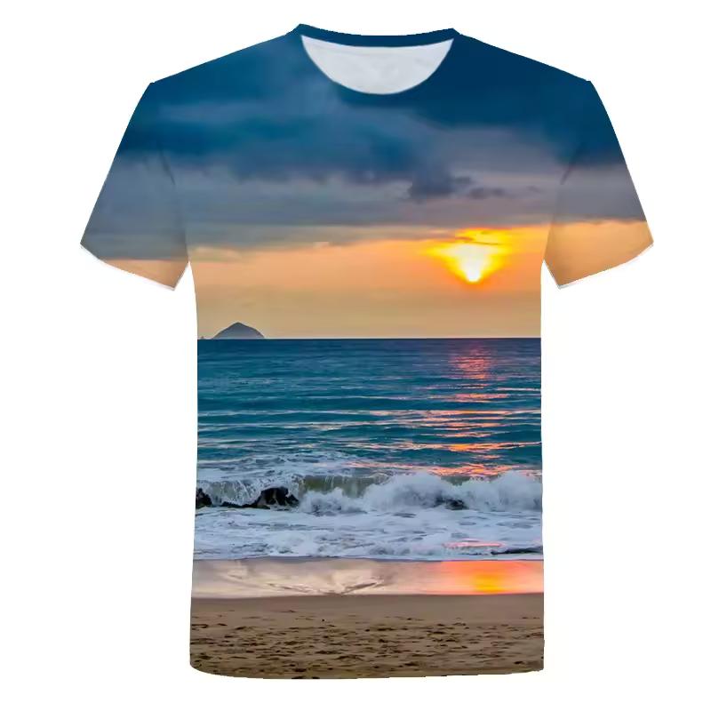 3D Printed Seaside Scenery T-Shirt Men Ocean Beach Pattern Tees Summer Harajuku Loose Round Neck Tops Short Sleeves T Shirts