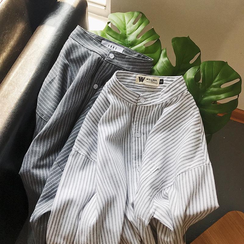Korean-Style Men's Handsome Striped White Long-Sleeved Shirt - Loose Fit, Summer Sun Protection, Hong Kong and Japanese-Inspired.