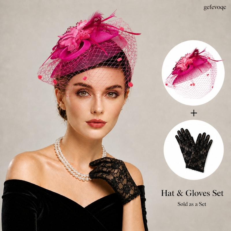 Fascinator Hat With Flower And Veil And Lace Gloves Set For Women Wedding Guest Cocktail Party Royal Ascot Formal Events