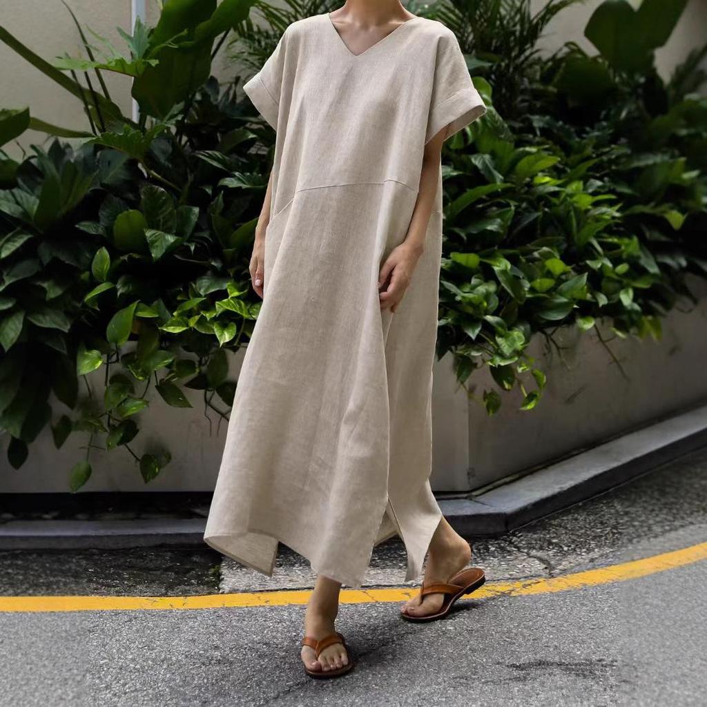 Japanese Retro Linen V-neck Dress with Big Pockets (2025 Collection)