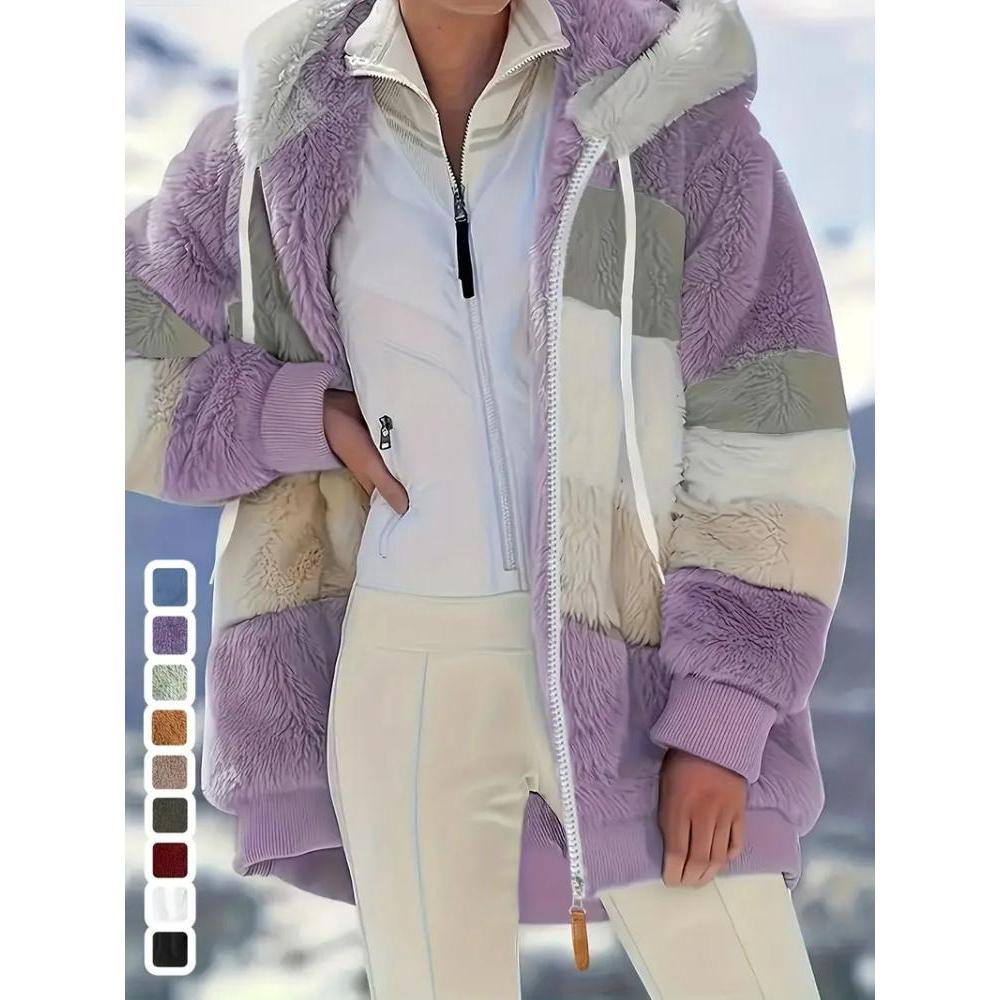 Elegant Fleece-Lined Hooded Jacket with Zip Pockets for Fall/Winter