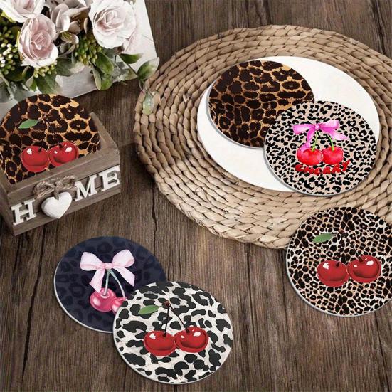 Yousheng 6PCS Car Coasters, Leopard Print Decorative Coasters, Round Heat-Insulating Stain-Proof Cup Holders, for Auto