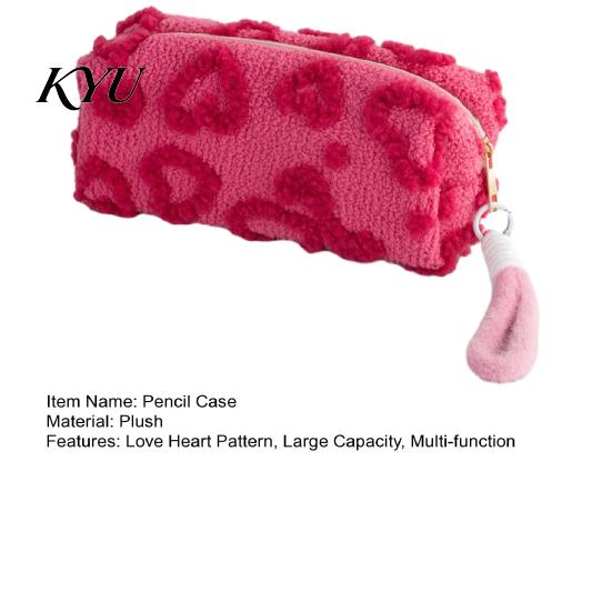Study Essentials Bag Plush Love Heart Pencil Case, Large Capacity Stationery Organizer Zipper Pouch, Multi-function for School Office Use Supplies