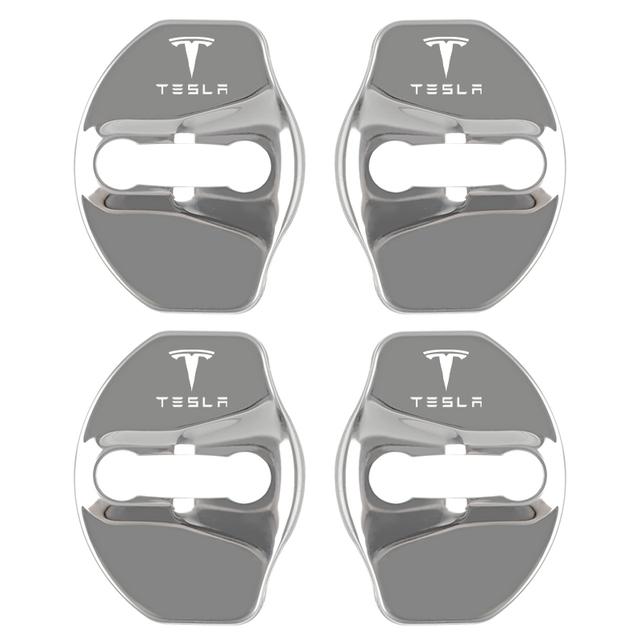 AKZ1 4Pcs Car Door Lock Cover Auto Stainless Steel Dustproof Protection Case Automotive For Tesla Model Y Model 3 Model X Accessories