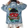 2618 Cartoon Graffiti Denim Jacket Womens Fall Winter Baseball Coat Streetwear