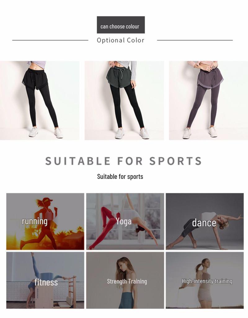 Breathable Sweat-Absorbent Faux Two-Piece Fitness Leggings for Yoga and Running