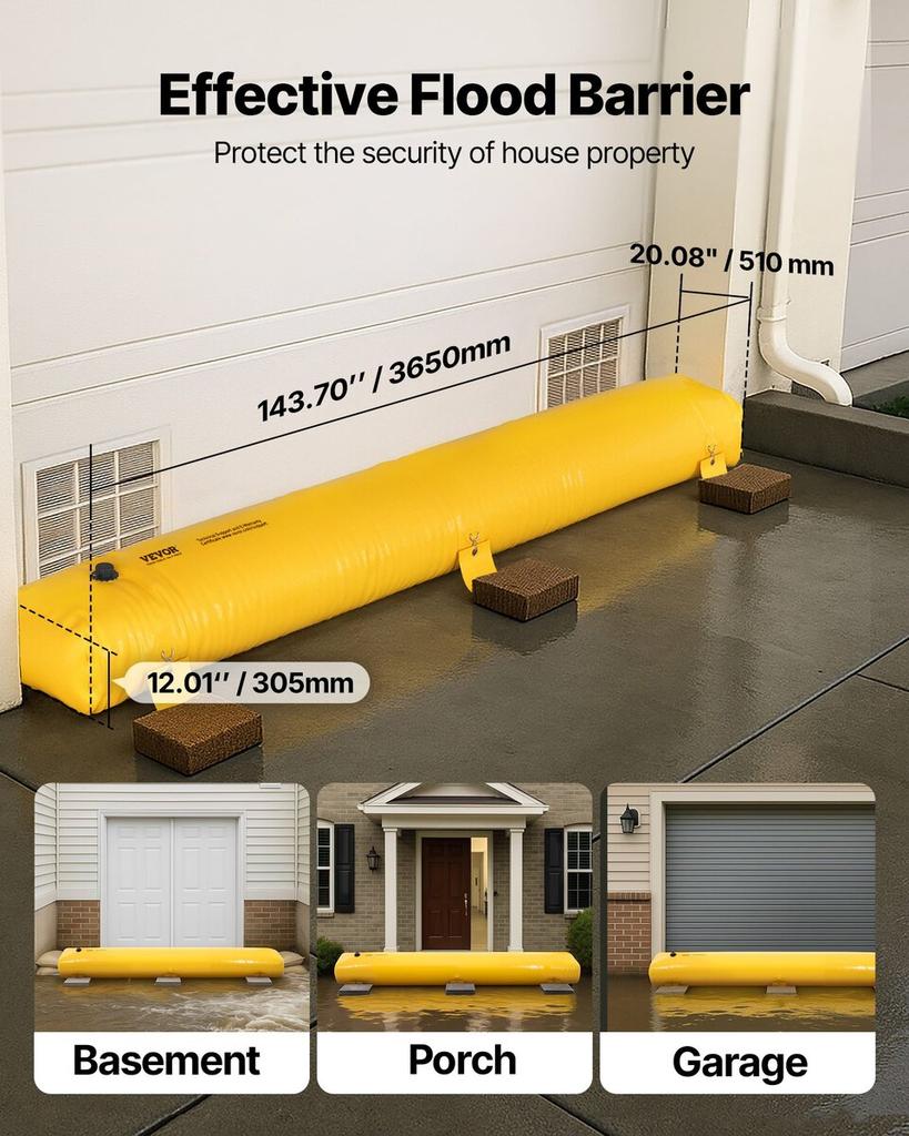 Flood Barrier, 12 Ft Length X 12 In Height Sandbag Alternative, Water Barrier for Flooding with Great Waterproof Effect, Reusable PVC Water Diversion