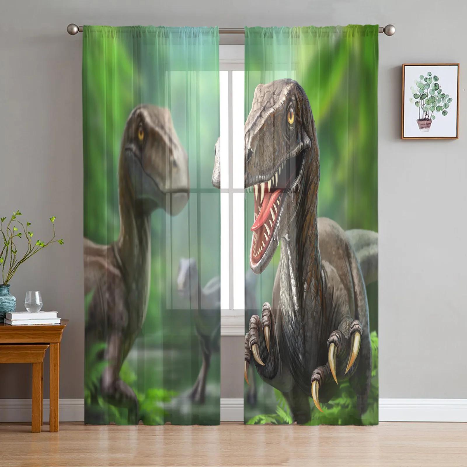 Dinosaurus Jungle Gordijn Raam Tule Woonkamer Slaapkamer Keuken Chiffon Behandeling Decoraties Doorzichtig Voor Zitten Gemaakt Van Polyester W100*H130(CM)-Grommet top&2PCS