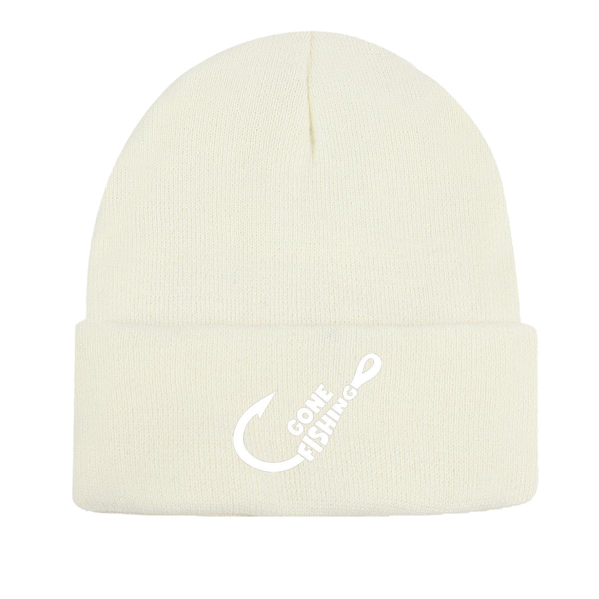 

GONE FISHING Warm Knitted Hat Beanie, Fishhook Woman Cap Stretchable Versatile Simple Gorro Knit Cap Beanie as the picture білий