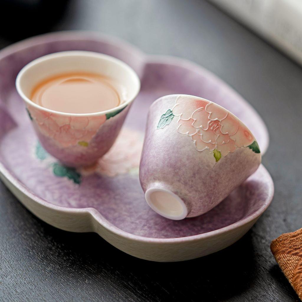 Hand-painted Peony Ceramic Tea Set: Purple Smoke Teapot, Lid Bowl, Master Cup, Tasting Cup, Pot Stand, Cup Mat, Coffee Cup