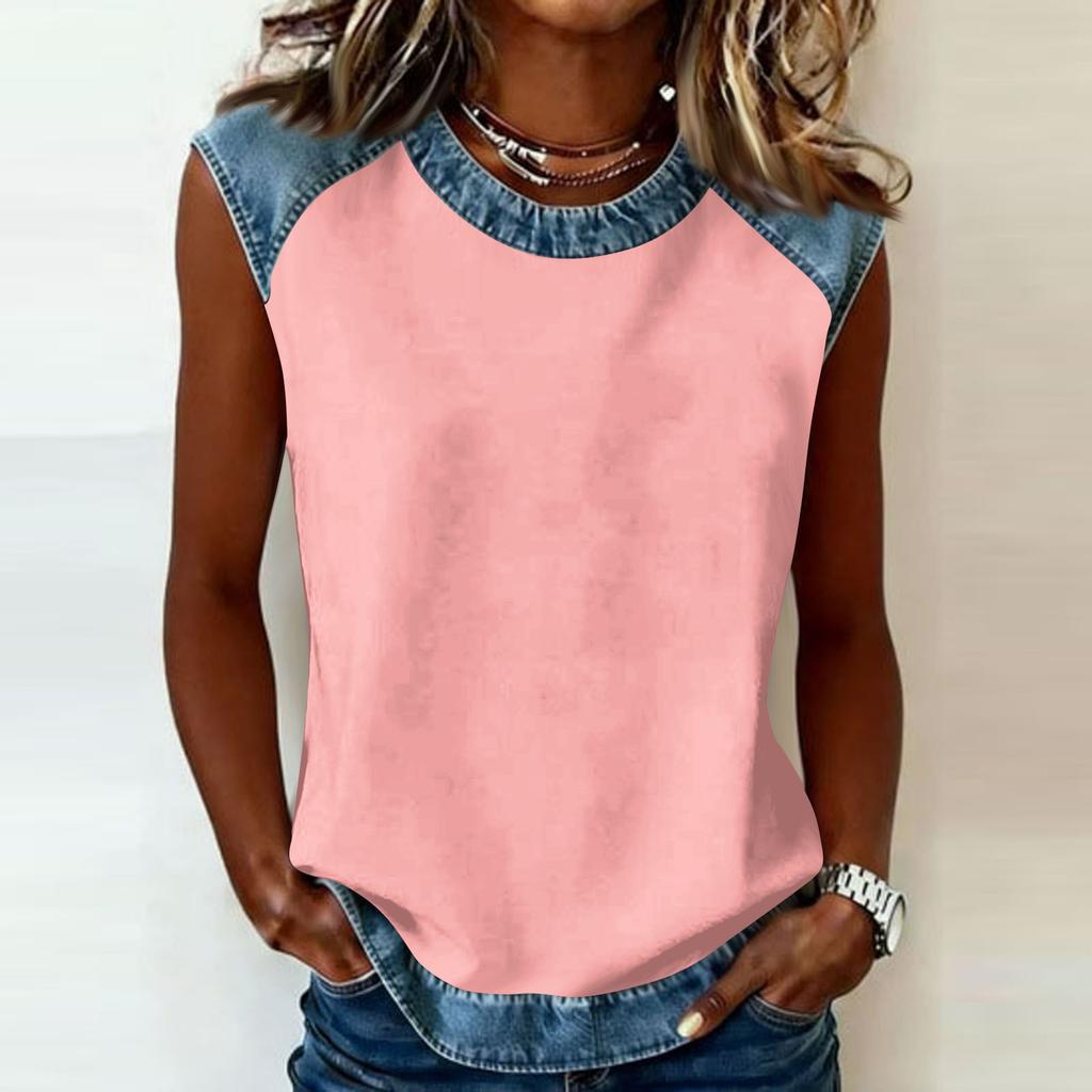 Sleeveless Crew Neck Top with Denim Trim Relaxed Fit Casual Shirt for Women Comfortable Design