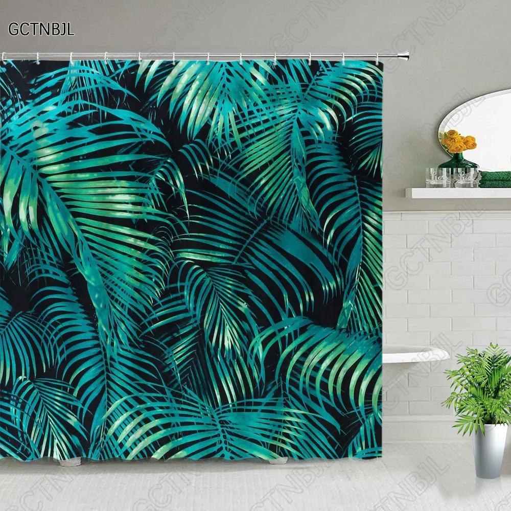 Tropical Green Plant Bathroom Shower Curtains Black Background Gold Palm Leaf Pattern Bath Curtain Waterproof Bathtub Home Decor