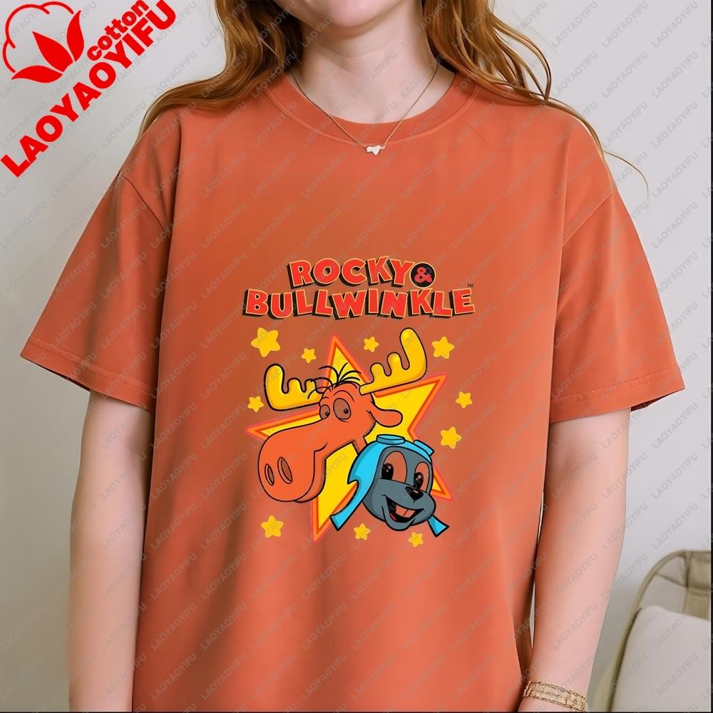 Unique Rocky and Bullwinkle Unisex Fun Crazy Neutral Classic Cotton Short-Sleeved T-Shirt for Both Unisex and WoUnisex