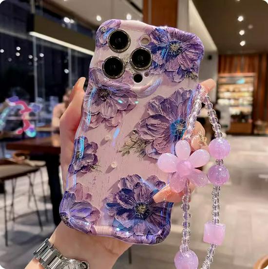 Artistic Oil Painting Flower Phone Case for iPhone 17 Pro Max/14, with 16E Bracelet and Blue Light Filter.