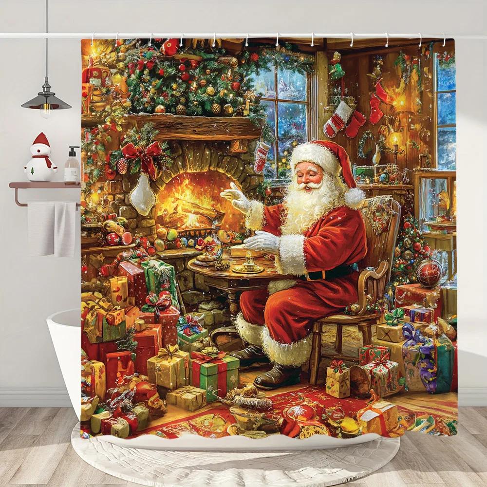 Funny Christmas Shower Curtain Santa Claus Snowman Deer Snow Scene Christmas Gifts Shower Curtain Bathroom Decoration With Hooks