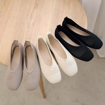 Mode 2024 Frühling Sommer Ballerinas Damen Casual Strickstoff Dehnbar Eckige Zehenpartie Flacher Absatz Bootsschuhe
