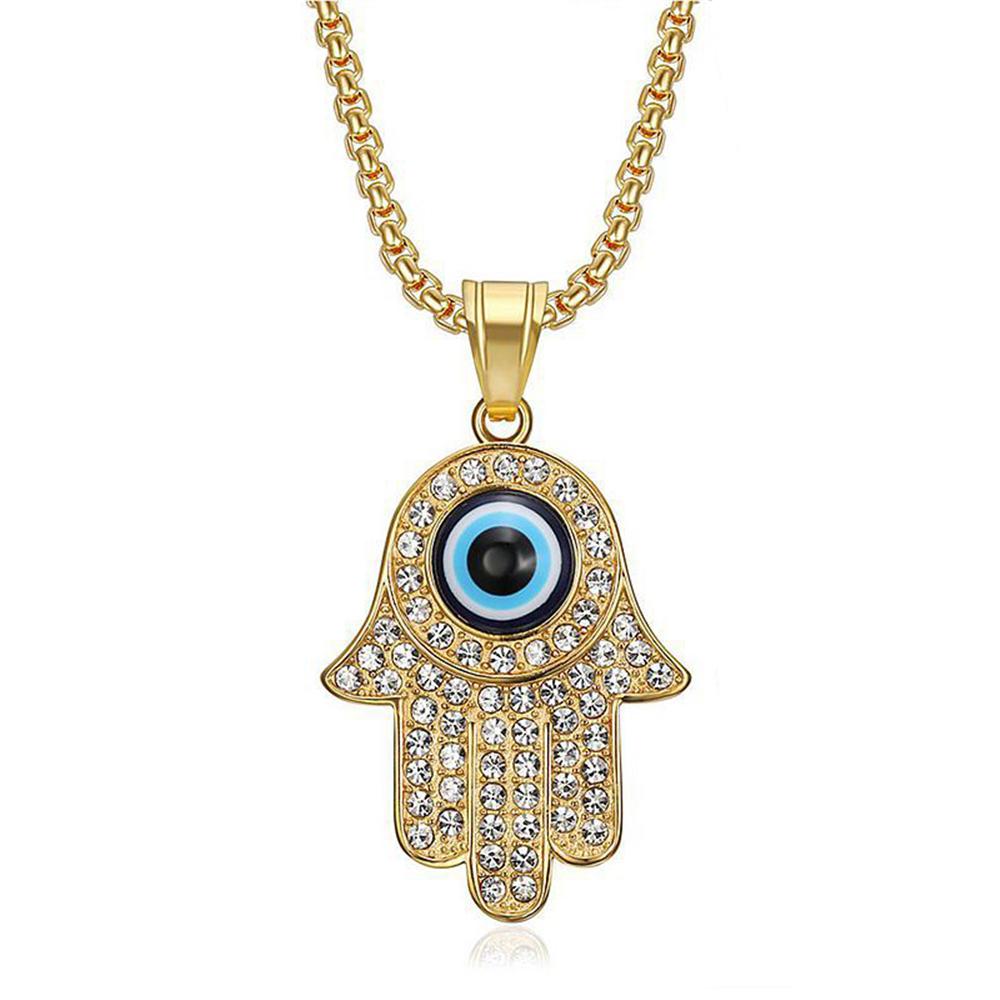 New Turkish Evil Eye Hasma Hand of Fatima Pendant Gold Color Stainless Steel Palm Amulet Necklace For Women Men Jewelry Gift