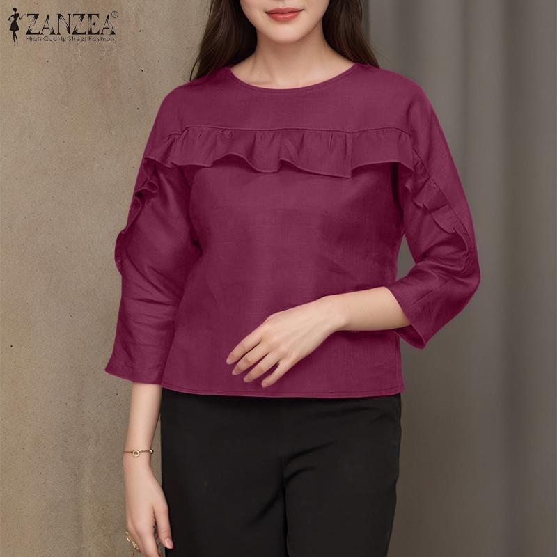 ZANZEA Women Casual Round Neck Solid Color Loose Long Sleeve Blouse