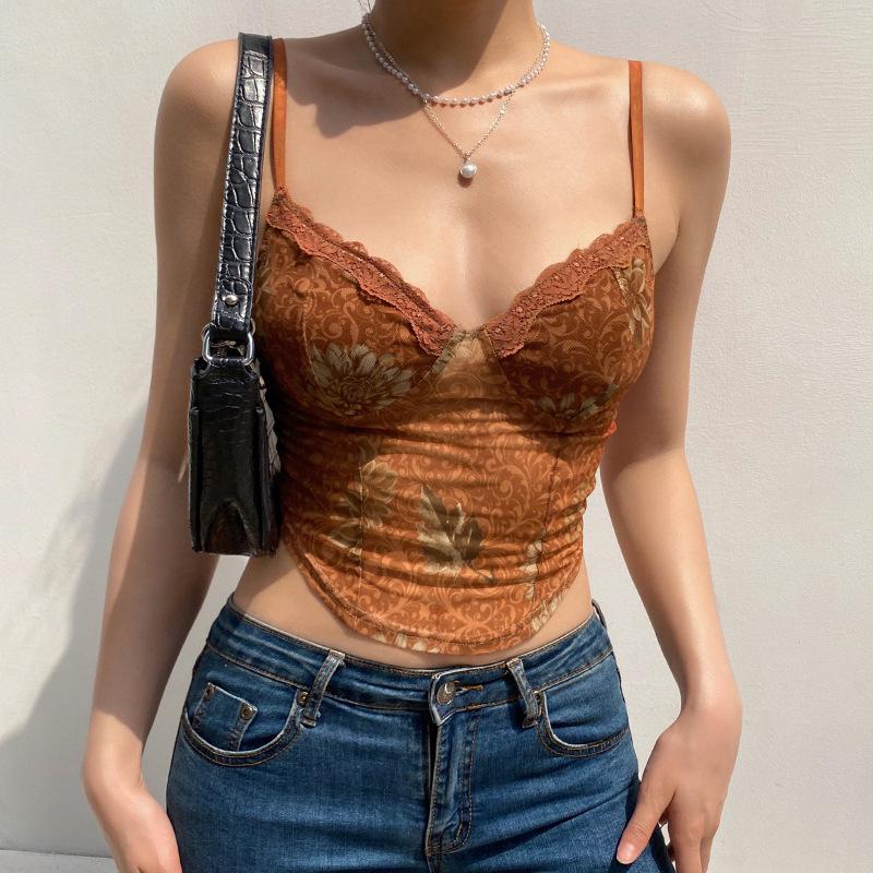 Canottiera in Pizzo Stampato Retro con Imbottiture sul Seno - Top Corto Snellente Hot Girl