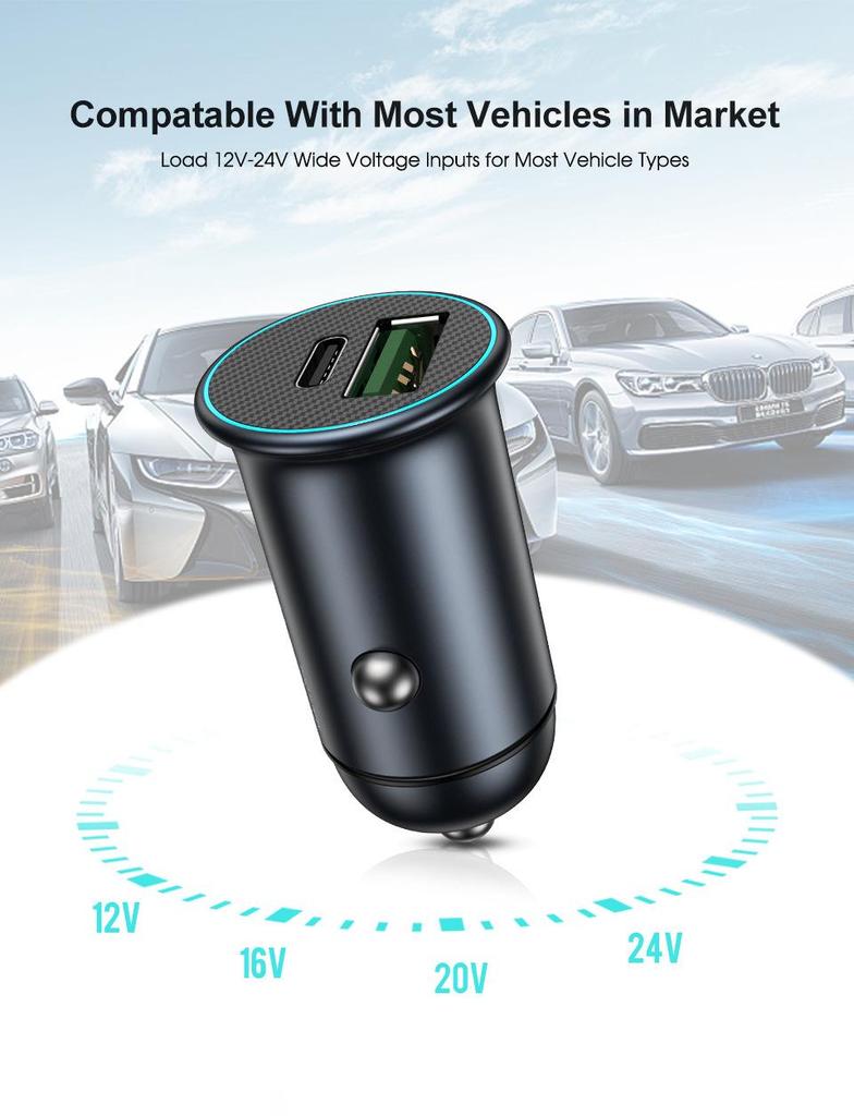 60W Mini PD USB-C Car Charger for Apple & Huawei with QC3.0 Compatibility