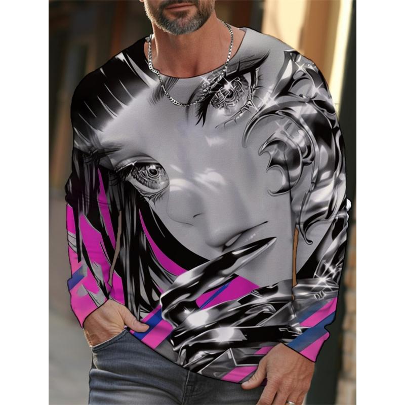 Beautiful Young Girl Pattern Men's T-shirts Cool Machinery 3D Print T Shirts Autumn Casual Loose O-Neck Long Sle