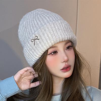 Bow Tie Knitting Cap Hat Woolen Yarn Cuff Knit Beanie Casual Fleece Warm Knitted Hat