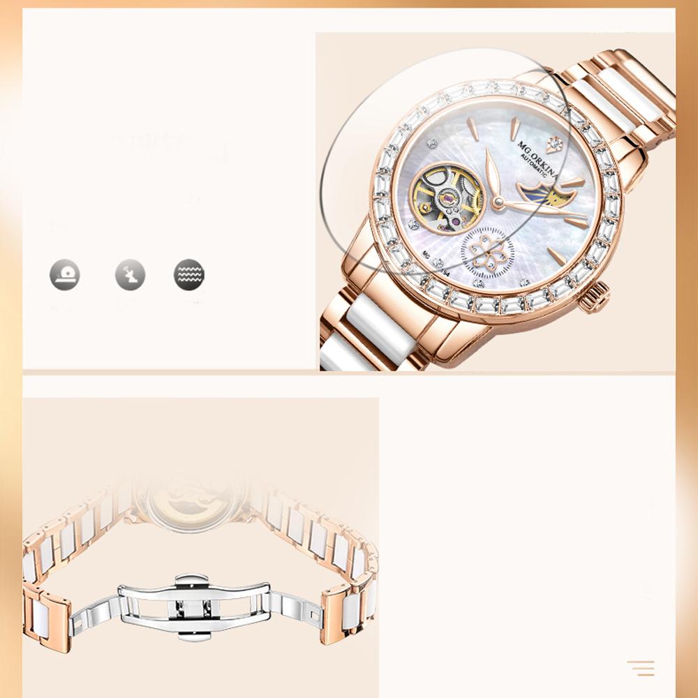 ORKINA Women Watches Fashion Rose Blue Watch Ladies Diamonds Wristwatch Ceramics Stainless Steel Strap Female Mechanical Watches
