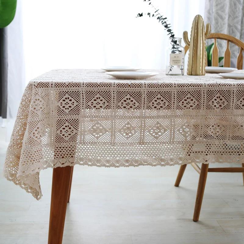 Nordic minimalist off-white solid color rectangular tablecloth with beige trim dining table cover