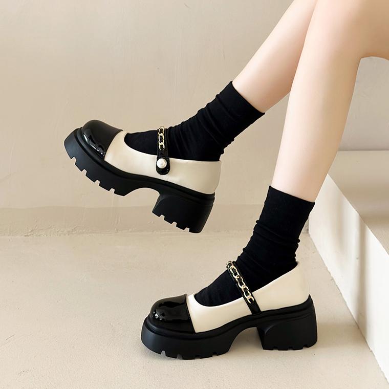 

Новый дизайн металлической цепочки 2024 года Туфли Лолита Женские Жемчужные Мэри Джейн Модные Ретро Лоферы Смешанных цветов Женские кожаные туфли 35