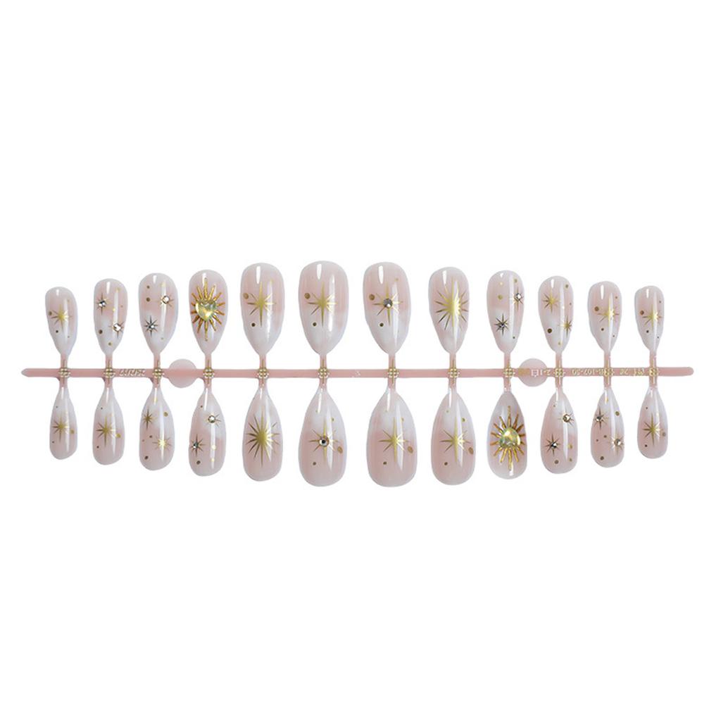 24 Pieces Almond Press On Nail French Style Artificial Nail with Glossy Star Moon Sun Design for Women and Girls