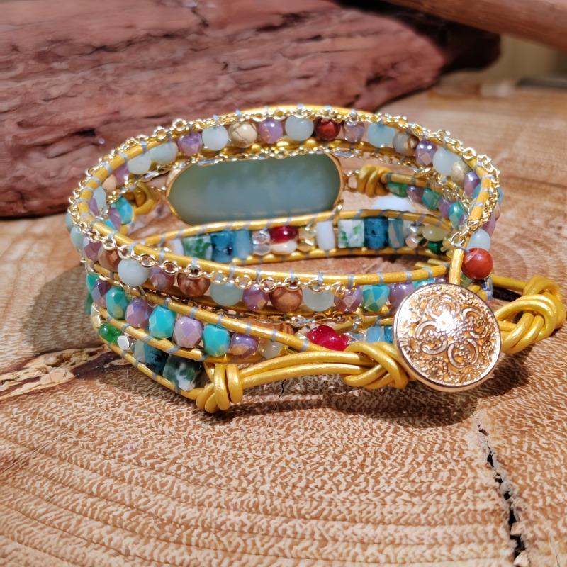 Bohemian Style Natural Amazonite Creative Hand-woven Vintage Bracelet, Three-layer Adjustable Floral Clasp, Suitable for Both Men and Women.