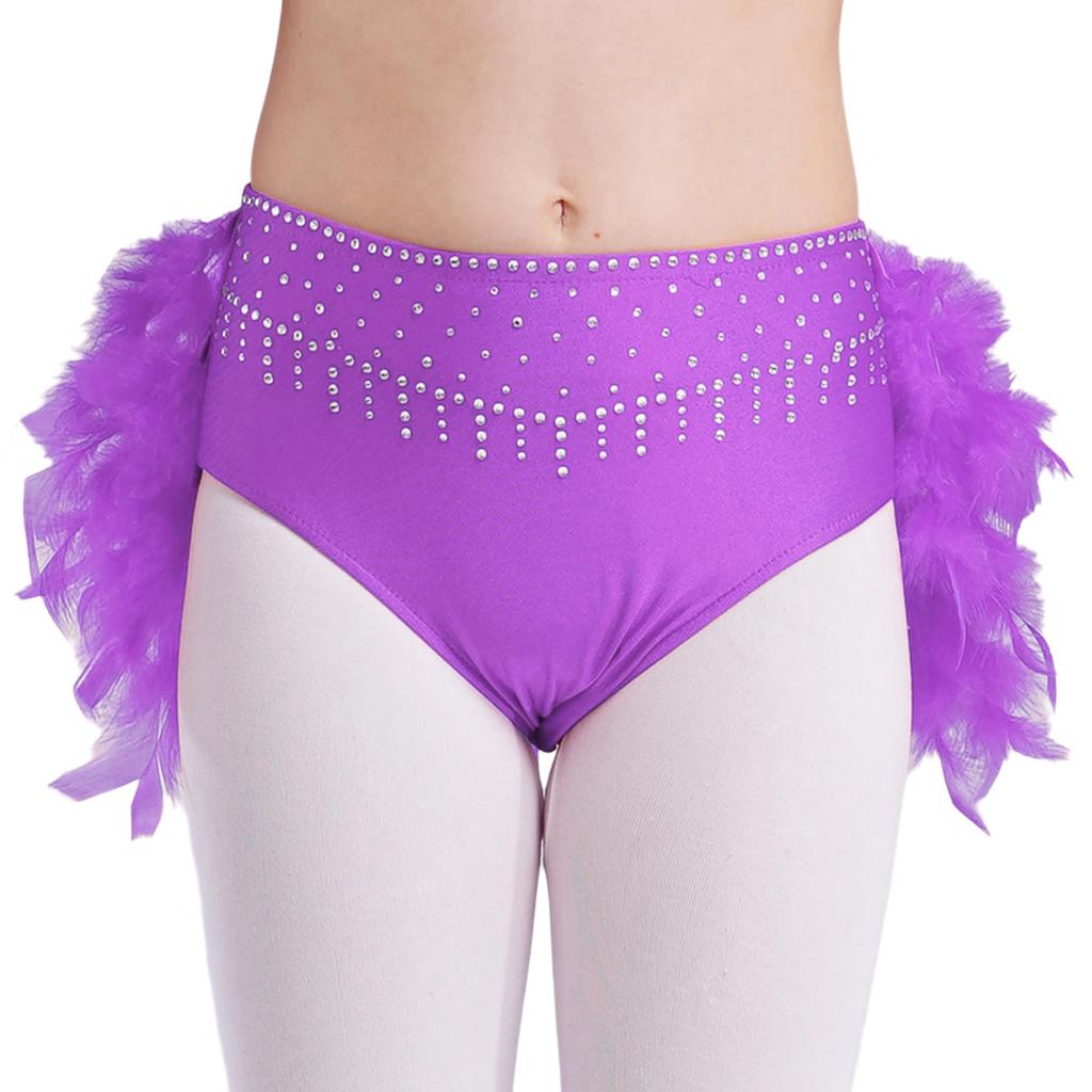 Girls Dance Performance Costume Sparkly Rhinestones Tops Unique Irregular Shoulder Crop Top Feather Detail Briefs Set