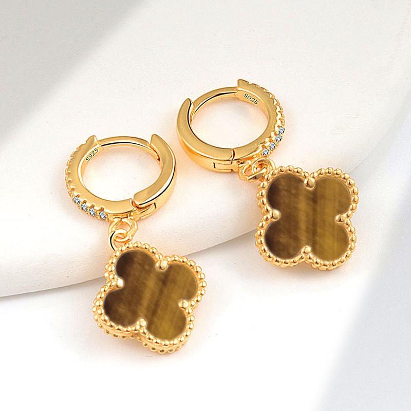 Womens Four Leaf Clover Earrings 18K Gold Plated Red Agate Luxury Fashion Jewelry