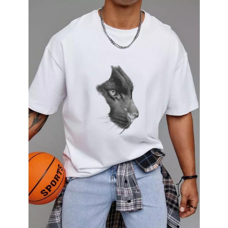 Cotton T Shirt White Panther Animal Print Casual Wear for Men