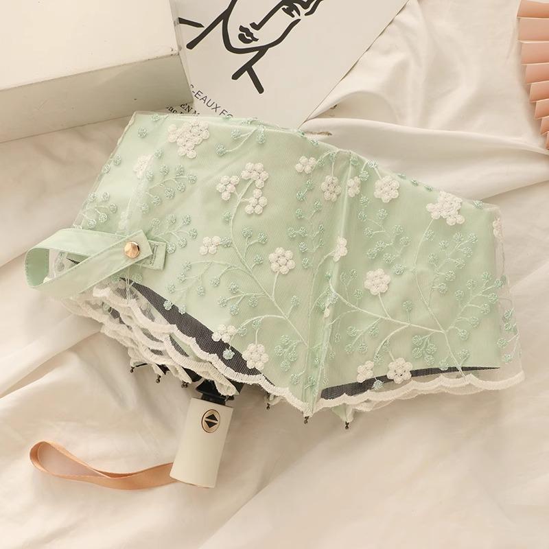 Double Layered Mini Five Fold Umbrella Embroidered with Flowers Black Glue Sun Protection UV Protection Rain Sunny Dual-purpose Sun Umbrella