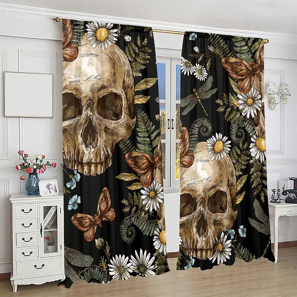 2 Stück Schwarzer Totenkopf Kussmuster Digitaldruck Fenster Vorhang geeignet für Wohnzimmer, Café, Küche, Schlafzimmer Heimdekoration