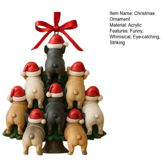 Funny Dog Butt Christmas Ornament Acrylic Bulldog Dog Butt Stacking Christmas Tree Hanging Decoration for Car Home Holiday Party Decor