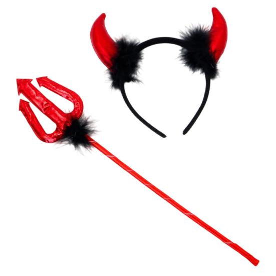 Magic Prop for Halloween Devil Horns Headband Pitchfork Lace Eye Masque Set, Plush Horn Cosplay Red Demon Costume Accessories Adults, Masquerade
