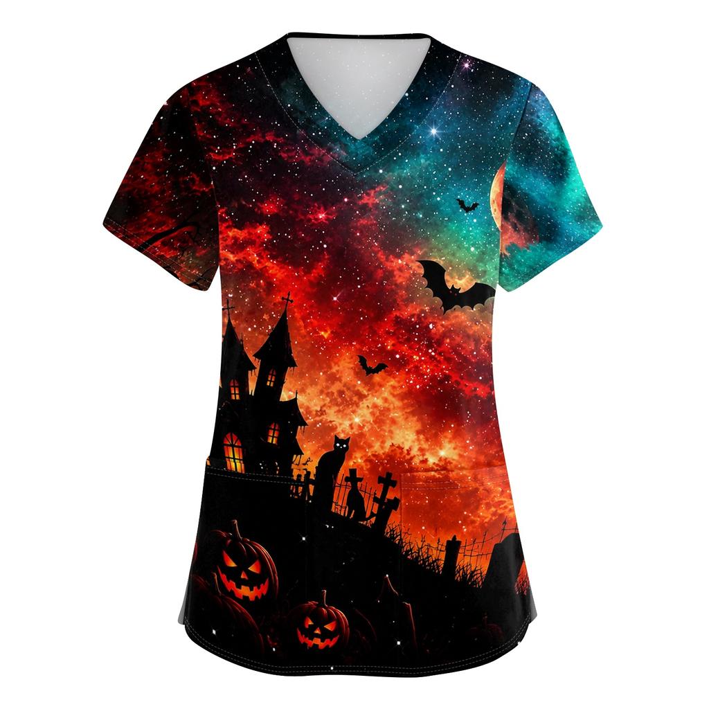Womens V Neck Halloween Print Short Sleeve Scrub Top with Pocket Side Slit Medical Uniform Shirt for Healthcare Professionals