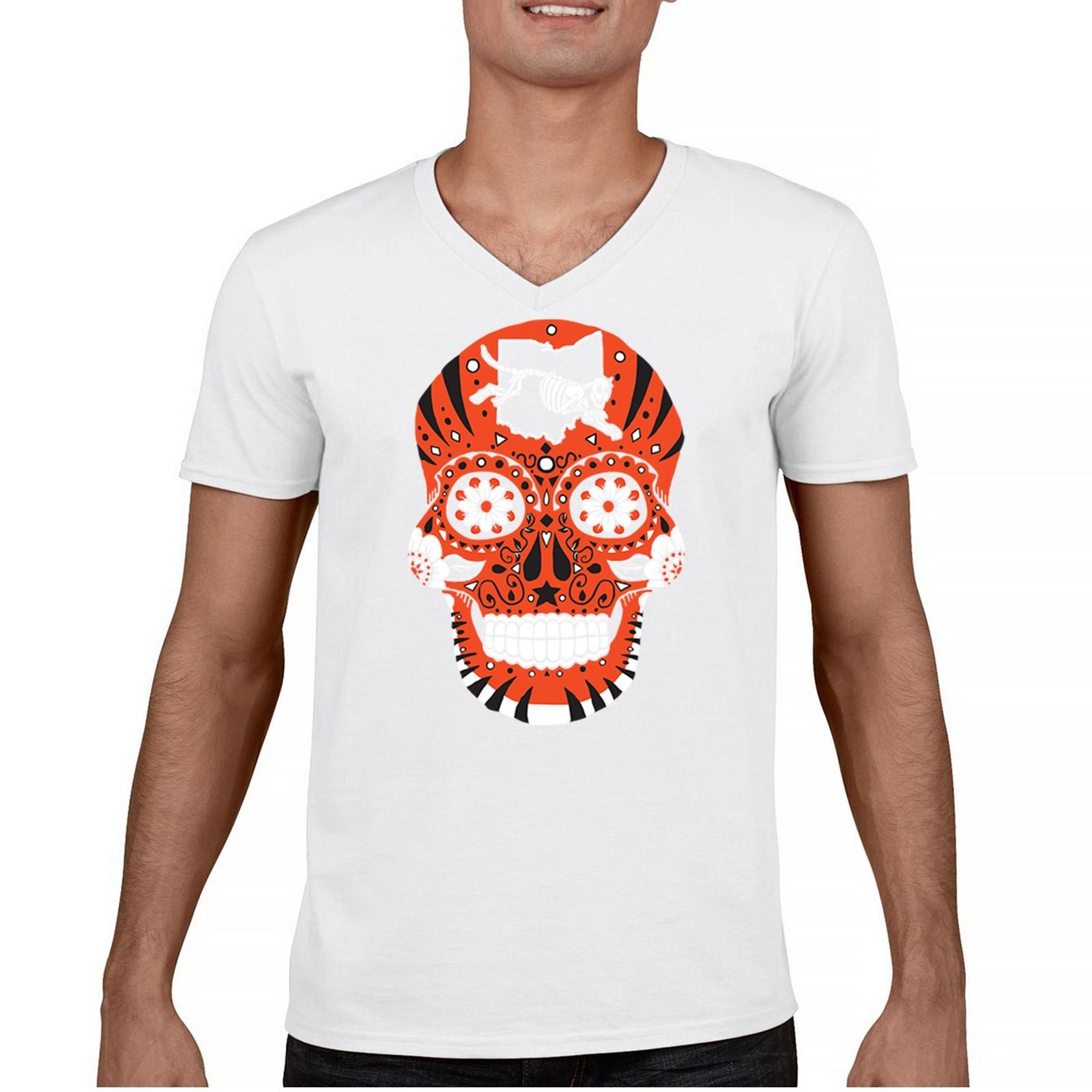 Cincinnati Sugar Skull Men s V-Neck T-shirt Die-Hard Football Fan Tailgating S