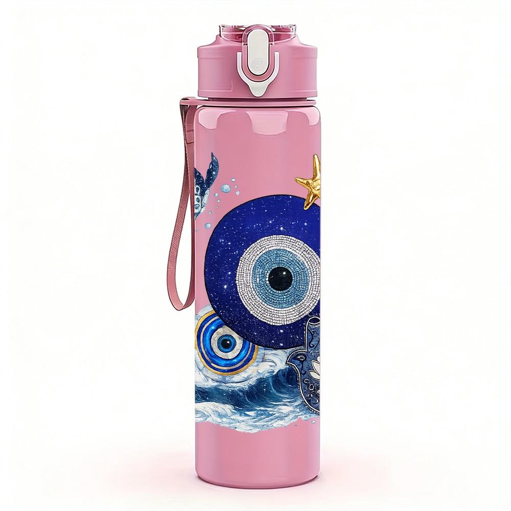 1PC Evil Eye Blue Ornate Amulet Print 750ml Color Plastic Sports Water Bottle Leakproof Flip Straw Lid Suitable for Sports Office Home Use