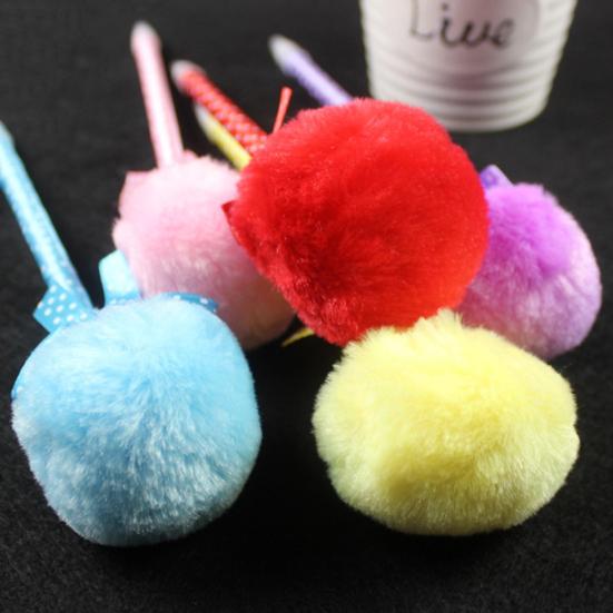 Cute Plush Faux Fur Pom Pom Bowknot Polka Dot Ballpoint Pen Student Stationery