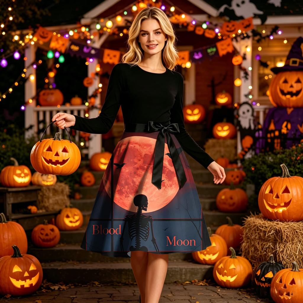 Womens Long Sleeve Round Neck Dress Halloween Print Casual Midi Dress with Waist Tie Elegant Fit and Flare Style Suitable for Seasonal Wear