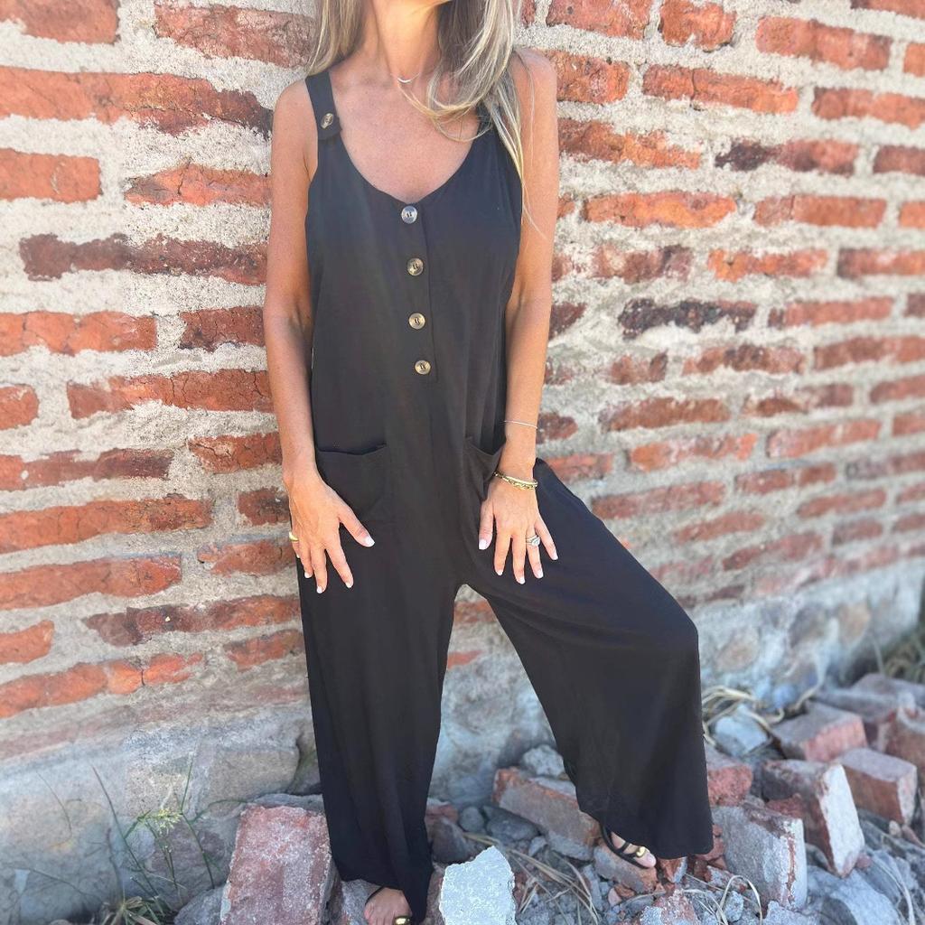 Summer New Independent Station European and American Solid Color Button Insert Bag Loose Casual Strap Jumpsuit Women