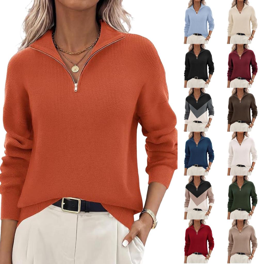 Women's Half Zip Knit Long Sleeve Pullover Sweater for Fall and Winter